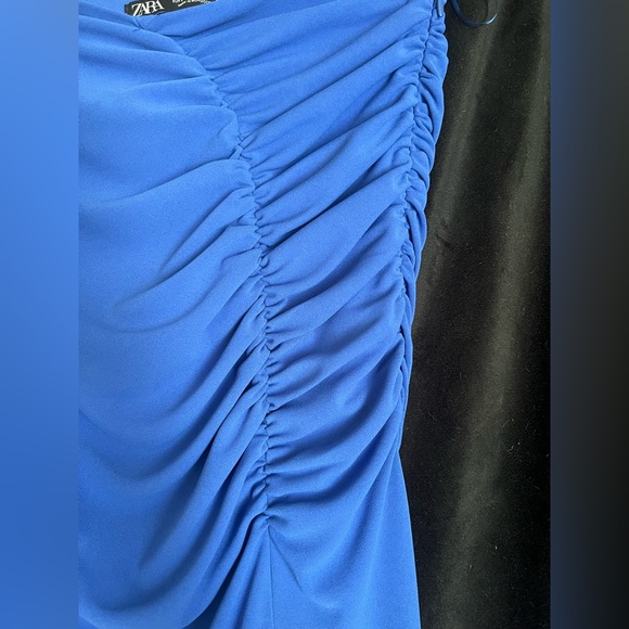 Zara Blue Midi Skirt Ruched with Side Slit Size S - Picture 5 of 5
